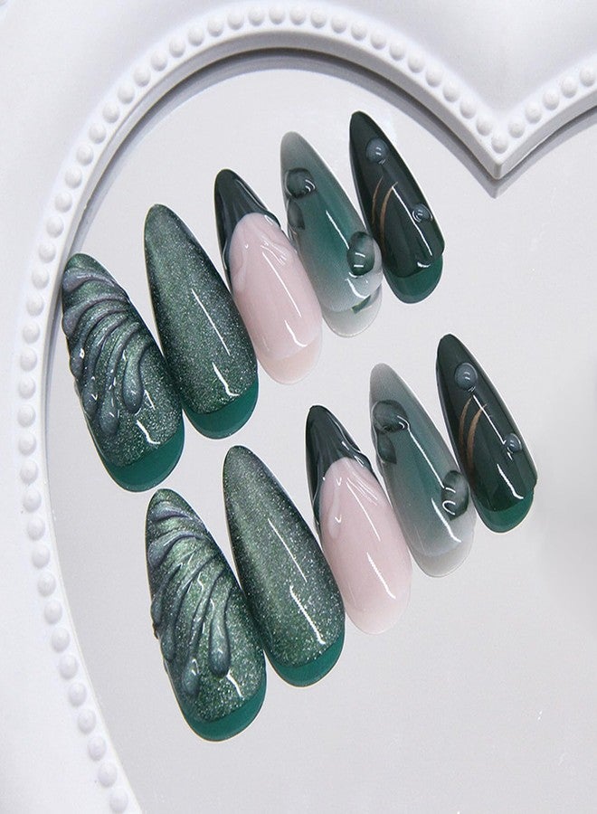 BSBTBZ 24Pcs Green Press on Nails Medium Almond Fake Nails with Green Ripple French Cat Eye Design Handmade Stick on Nails Glitter Full Cover Artificial Nails for Women DIY Manicure Daily Wear - Image 3